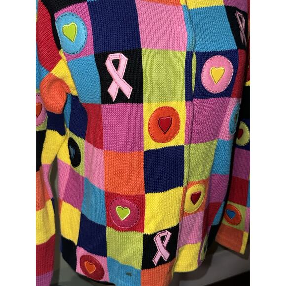 Whimsical Patchwork Rainbow Knit Cardigan Breast Cancer Ribbon Womens Small - Picture 2 of 4